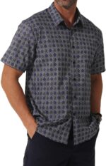Men Short Sleeve Printed Business Shirt Button Down Dress Casual Polka Dot Print Shirt - Image 2